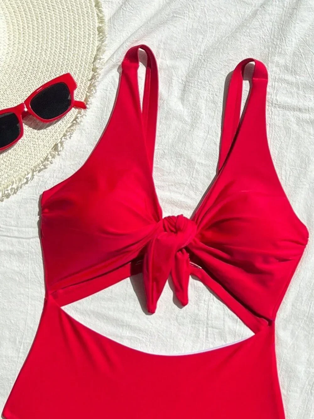 Red Sexy Women's Elegant High Waist Adjustable Strap One-Piece Swimsuit